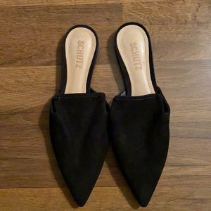 Black Suede Fabric low mules; classy flats, gentle wear.